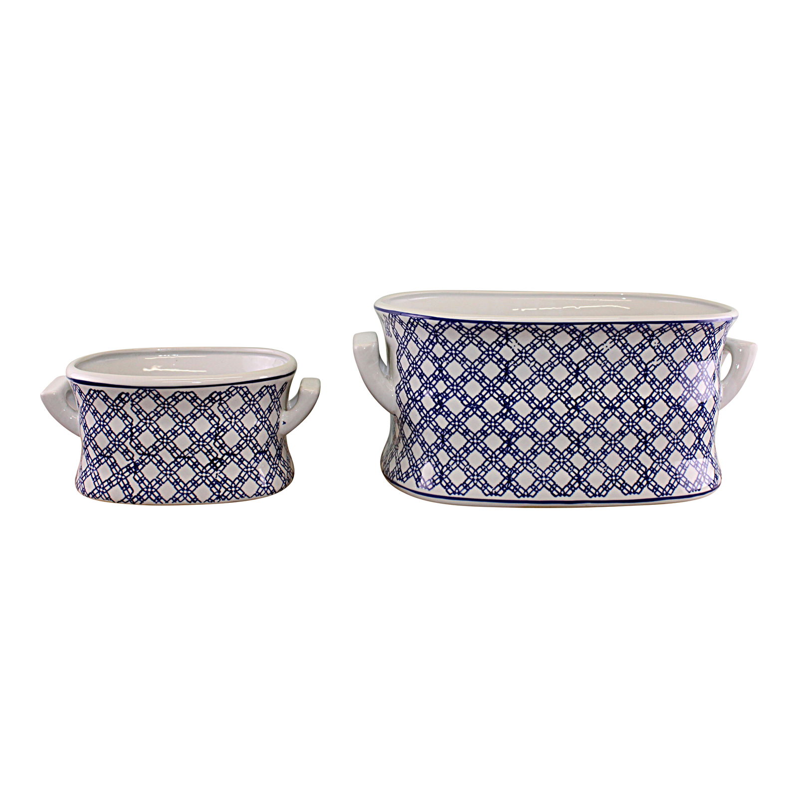 Set of 2 Ceramic Footbath Planters, Vintage Blue & White Geometric Design 3 MB025 1 1