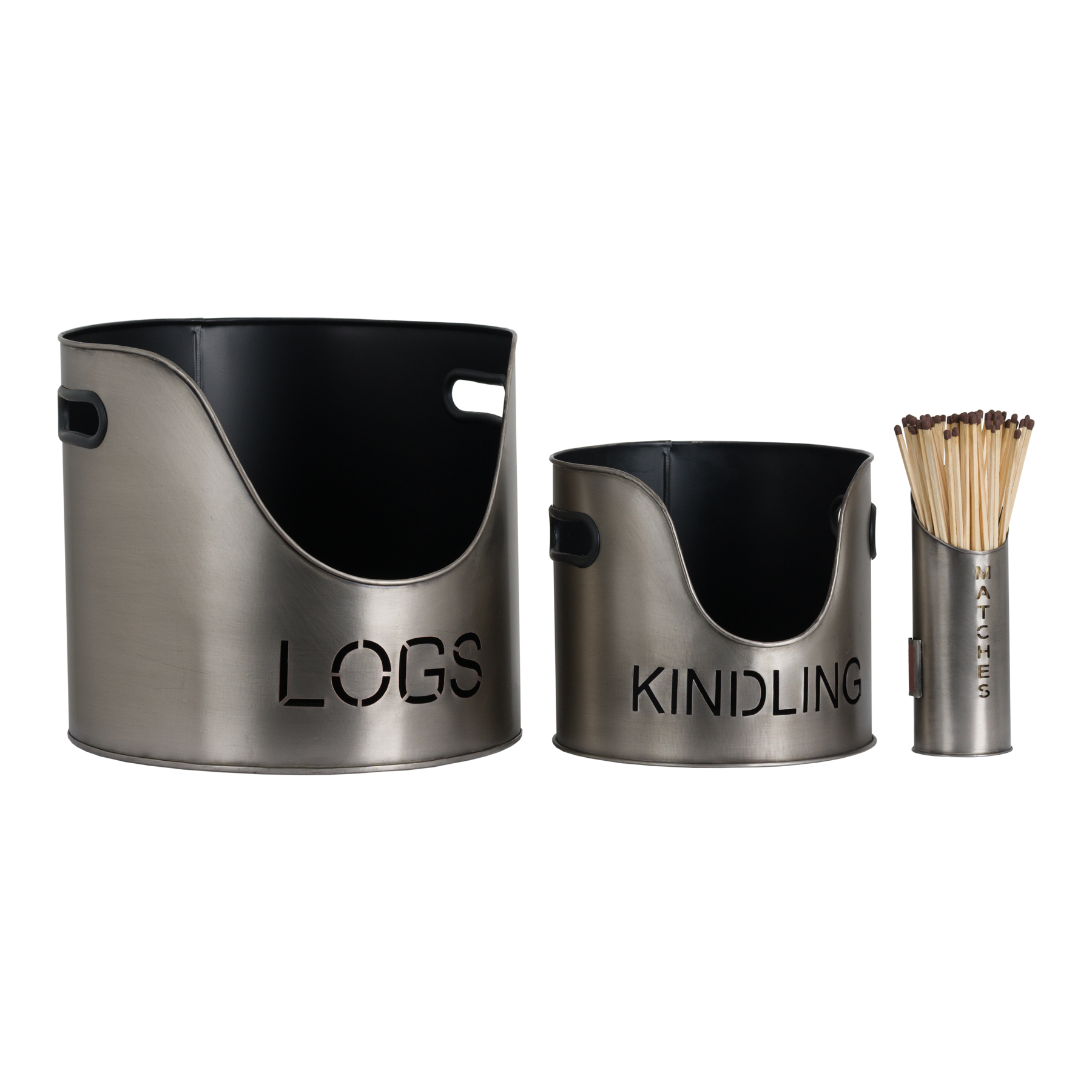 Pewter Finish Logs And Kindling Buckets & Matchstick Holder Pewter Finish Logs And Kindling Buckets & Matchstick Holder