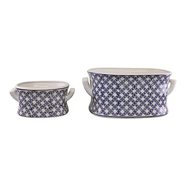 Set of 2 Ceramic Footbath Planters, Vintage Blue & White Geometric Design Set of 2 Ceramic Footbath Planters, Vintage Blue & White Geometric Design page 4064.webp
